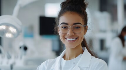Fototapeta premium A confident young Hispanic woman in a lab coat smiles warmly, showcasing a bright atmosphere in a modern laboratory.
