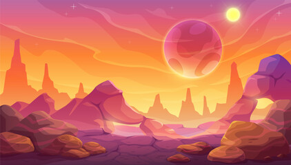 Cartoon alien space planet surface, fantastic mars red mountains landscape. Vector otherworldly background features rocky formations, and a large, mysterious planet in the sky, with a stunning sunset © Vector Tradition