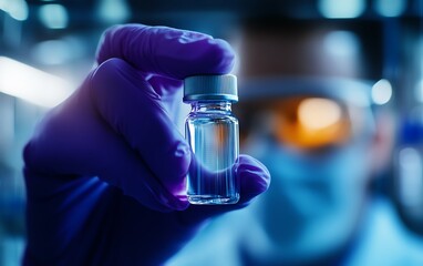 Close-up of a scientist holding a vial, showcasing pharmaceutical research and innovation in a laboratory environment.