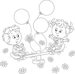 Happy little girl and boy playing and swinging on a toy seesaw with balloons on a playground in a summer park, black and white vector illustration in a cartoon style for a coloring book
