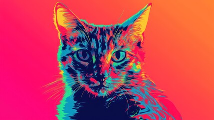 Vibrant pop art portrait of a cat showcasing vivid colors and striking details, exuding a playful and whimsical mood.