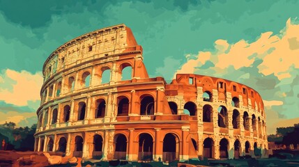 Fototapeta premium A vibrant depiction of the iconic Colosseum in Rome, showcasing its magnificent arches and historical architecture.