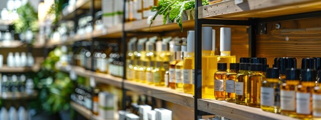 Brightly lit shelves with beauty oils and skincare products