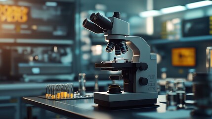 Fototapeta premium A high-quality modern microscope on a laboratory table, showcasing its intricate design in a bright, innovative lab setting.