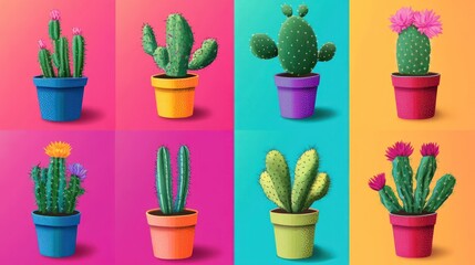 Vibrant collection of cacti in colorful pots against a bright background, showcasing different species and hues.