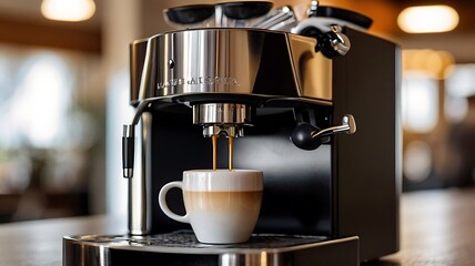 A freshly made cup of coffee is  preparing by  espresso machine