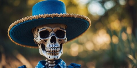 A skeleton wearing a sombrero and a blue shirt.