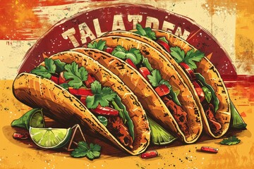 Four delicious tacos with fresh ingredients in a vibrant, artistic background.