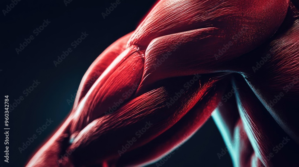 Poster close-up view of a well-defined muscle highlighting its texture and strength in dramatic lighting.