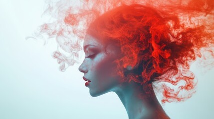 Profile of a female model with vibrant red smoke surrounding her head, enhancing her ethereal beauty.