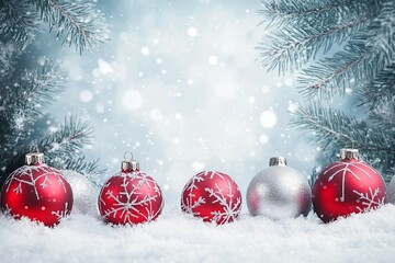 Merry Christmas card. Red christmas balls and baubles on the snow with fir branches.