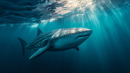 Fototapeta premium Whale Shark Swimming in the Ocean Sunlight