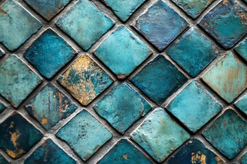 Close-up of a Wall Covered in Blue and Gold Diamond-shaped Tiles