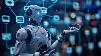 Futuristic Robot Interacting with Digital Network