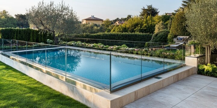 Modern pool with glass fence in a garden.