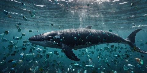 Fototapeta premium A whale is swimming in a sea of plastic bottles.