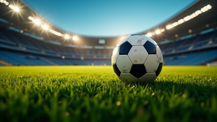 Naklejka premium Stadium Lights Reflect on Soccer Ball , A black and white soccer ball sits centered on a lush green field under stadium lights. The bright spotlights create dramatic reflections on the ball's textured