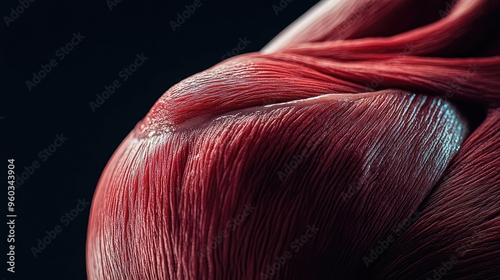 Poster close-up view of human muscle detail, showcasing vibrant textures and intricate patterns in a dark b