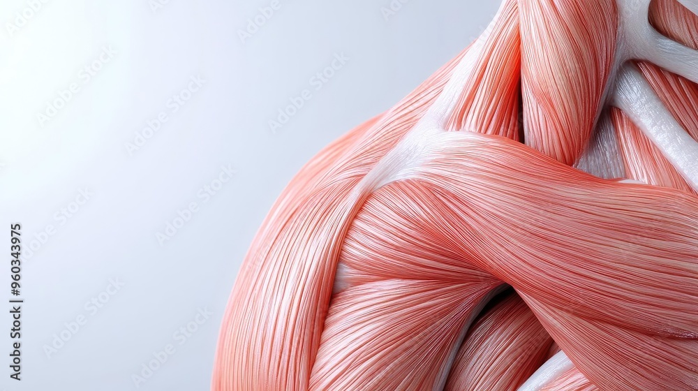 Poster close-up of human muscle structure, showcasing detailed fibers displaying strength and anatomical pr