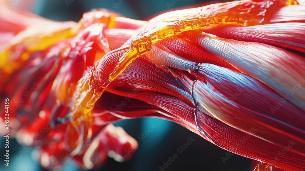 Poster Close-up of vibrant, intertwined strands resembling muscle fibers, showcasing intricate texture and dynamic colors.