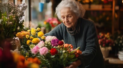 An elderly Caucasian woman arranging vibrant flowers in a cozy flower shop.