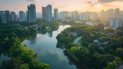 Obraz premium urban oasis modern city skyline rises above lush lake garden aerial highway view