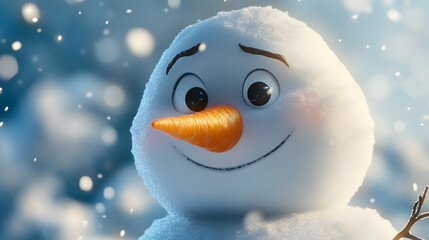 Obraz premium A close-up shot of a snowman with a carrot nose and coal eyes, standing in a snowy landscape, with soft snowflakes falling gently in the background.
