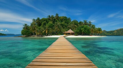 Tropical island with a wooden pier leading to a serene beach and lush palm trees under a clear blue sky.