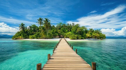 Fototapeta premium A scenic wooden pier leads to a tropical island surrounded by crystal-clear turquoise waters and lush greenery.
