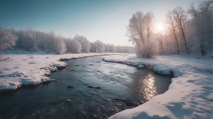 A river flowing in a frozen and snowy winter landscape.