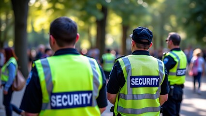 Security Detail in Public Park , A team of security guards wearing reflective vests stand vigilant in a park setting. The blurred background emphasizes their presence and watchful gaze.