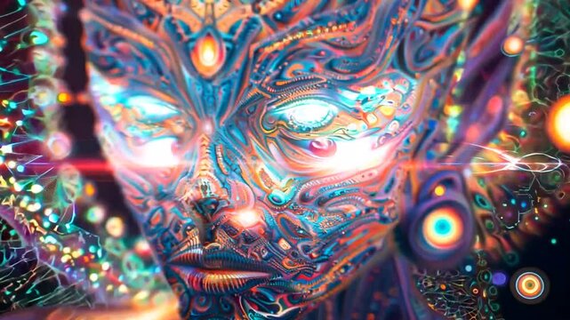 Psychedelic Entity With Intricate Patterns and Glowing Eyes in a Vibrant Cosmic Realm