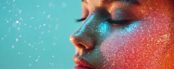 A close-up of a serene face illuminated with vibrant colors and sparkling droplets, creating a dreamlike and tranquil atmosphere.