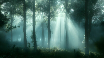 A mystical forest scene with tall trees and thick fog rolling through the undergrowth, with soft beams of light filtering through the branches, creating an ethereal atmosphere.


