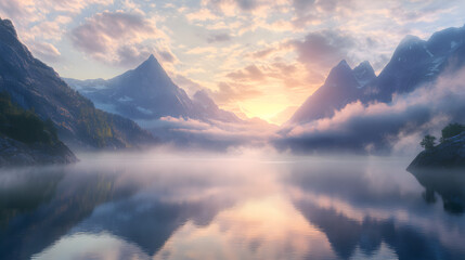 Obraz premium A serene mountain lake at sunrise with still waters reflecting the surrounding peaks and a soft mist hovering above the surface, creating a tranquil and peaceful scene.