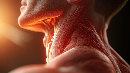 Detailed anatomical view of a muscular neck demonstrating human anatomy and muscle structure in vibrant lighting.