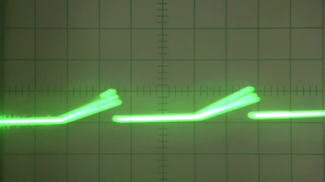 Varying Signal on the Screen. Analog oscilloscope screen with a green beam signal. Signal changes the amplitude