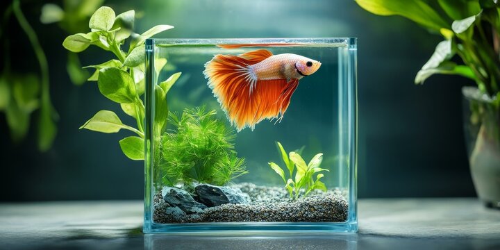 A betta fish swims in a small tank with plants.