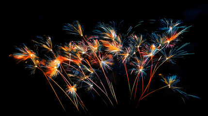 A vibrant fireworks display captured in the night sky, with multiple bursts of color and light, each with intricate details, creating a sense of celebration and joy.


