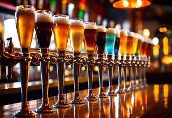 colorful beer taps showcasing frothy pours bubbles lively bar atmosphere, vibrant, drink, alcohol, liquid, refreshment, craft, brew, foam, glass, liquor