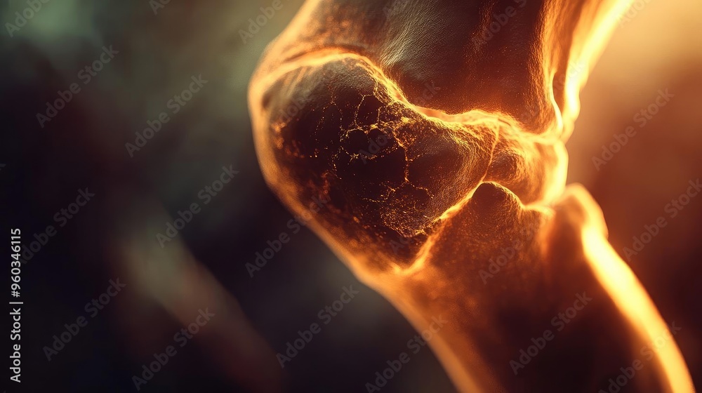 Poster close-up view of a glowing joint, showcasing intricate details and unique textures, symbolizing heal