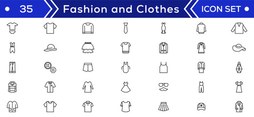 Fashion Minimal line icons collection. Jacket, Winter Coat, Sweatshirt, Dress, Hoody, Jeans, Hat icon for apps and website