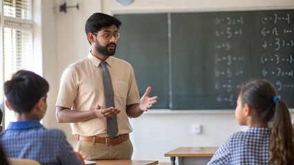 An Indian teacher explaining mathematical concepts to students in a classroom setting, focusing on numerical skills.
