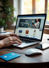 a person using a laptop with a cyber monday web banner on an ecommerce website on the screen