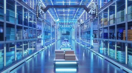 Fototapeta premium vast warehouse interior with towering shelves robotic arms organizing colorful packages futuristic conveyor systems and holographic inventory displays in a soft blue light