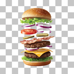 Delicious Cheeseburger Ingredients with Bacon, Onion, Tomato, and Pickles Floating in Layers
