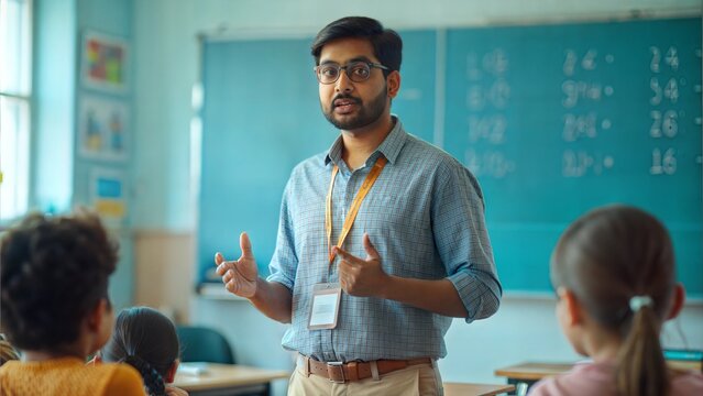 An Indian teacher explaining mathematical concepts to students in a classroom setting, focusing on numerical skills.