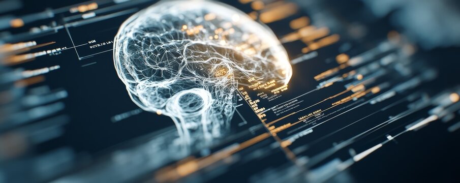 A futuristic digital representation of a brain, emphasizing advanced technology, artificial intelligence, and cognitive science. It is being analyzed for signs of multiple conditions,