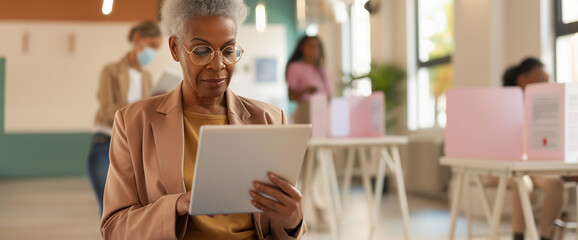 Lifestyle portrait of mature black woman voter using digital tablet at election office with flags and voting machines for democracy