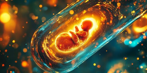Fetus glowing inside a glass tube.